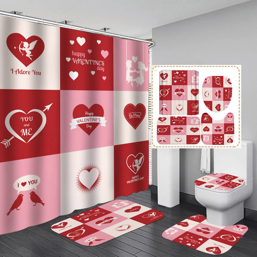1 Set Waterproof Shower Curtain Romantic Valentine's Day Heart Rose Bathroom Curtain