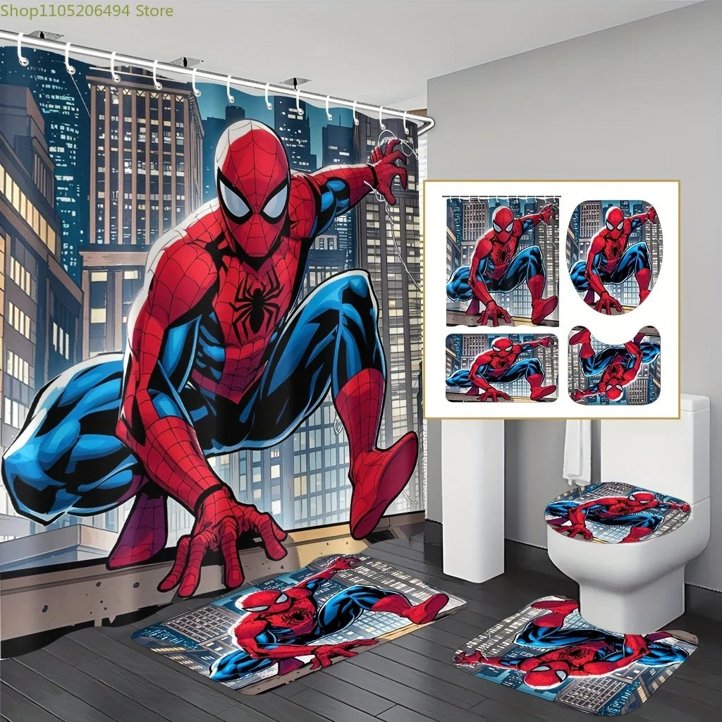 Marvel 1/4pcs Spiderman Cartoon Pattern Decoration Set Includes Shower Curtain, Non-Slip Bathroom Rug, Toilet U-Shaped Mat