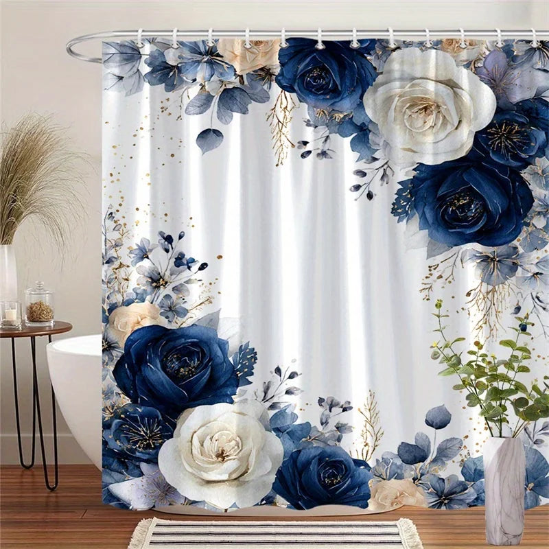 1 Elegant Blue Peach Rose Lace Shower Curtain