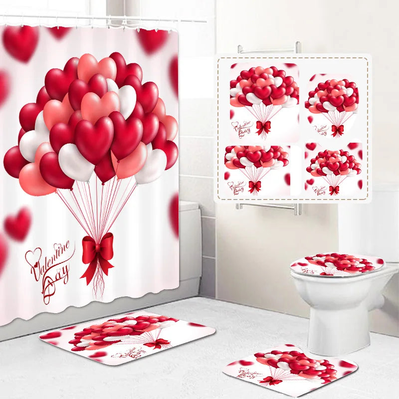1 Set Waterproof Shower Curtain Romantic Valentine's Day Heart Rose Bathroom Curtain