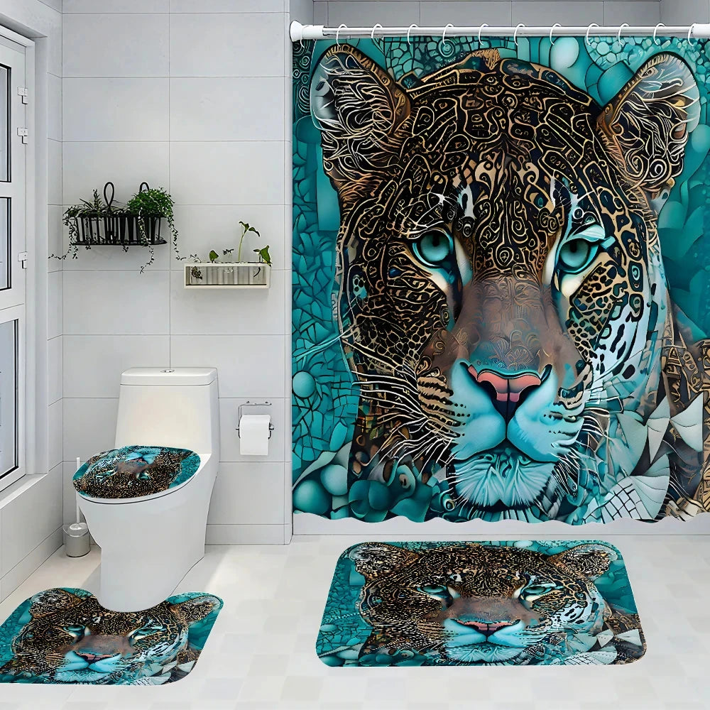Cheetah Bathroom Four-piece Set - Avant-garde Waterproof Shower Curtain, creating a complete bathroom kit