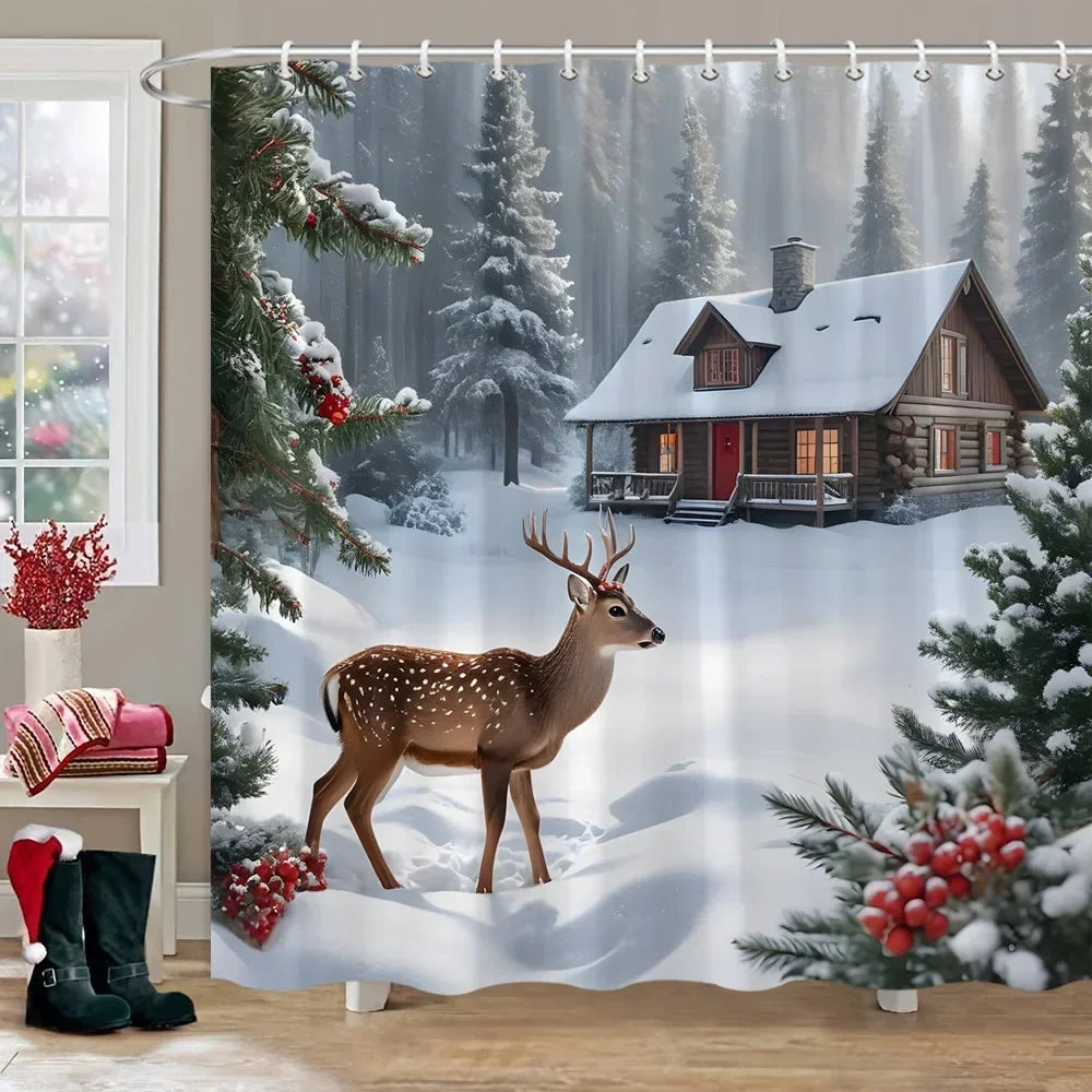Winter Snow Forest Deer Shower Curtain Christmas Nature