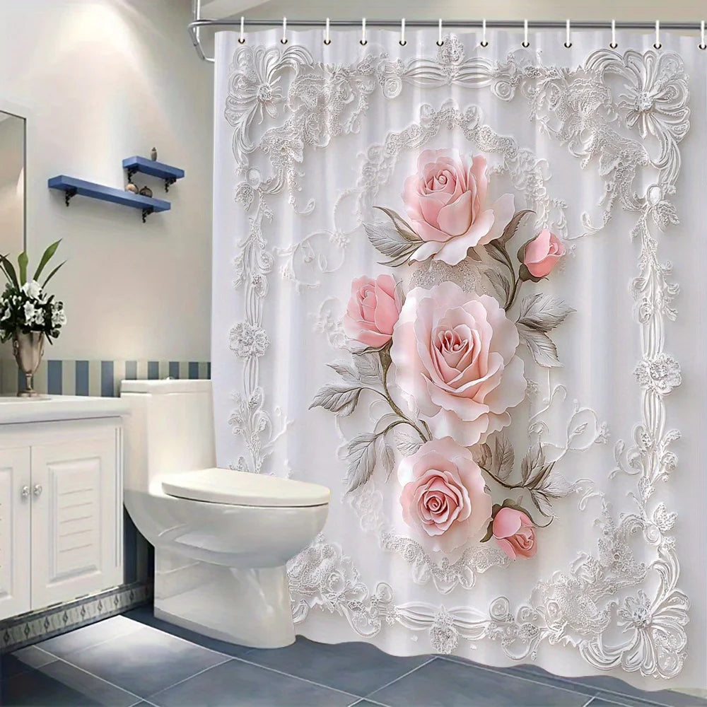 1 Elegant Pink Rose Shower Curtain with Silver Leaves and Lace Pattern