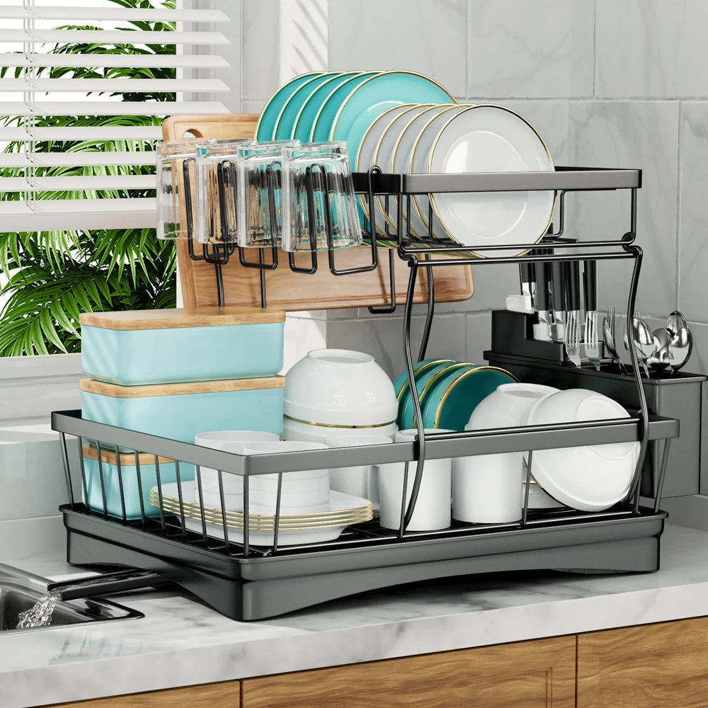 Large 2-tier dish drying rack for kitchen countertops,
