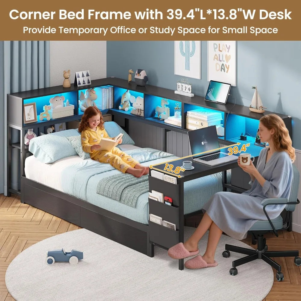 DICTAC Corner Twin Bed Frame with Desk,Charging Station and Bookcase Storage