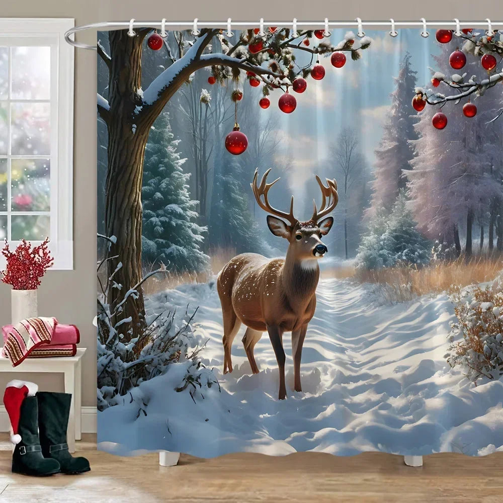 Winter Snow Forest Deer Shower Curtain Christmas Nature
