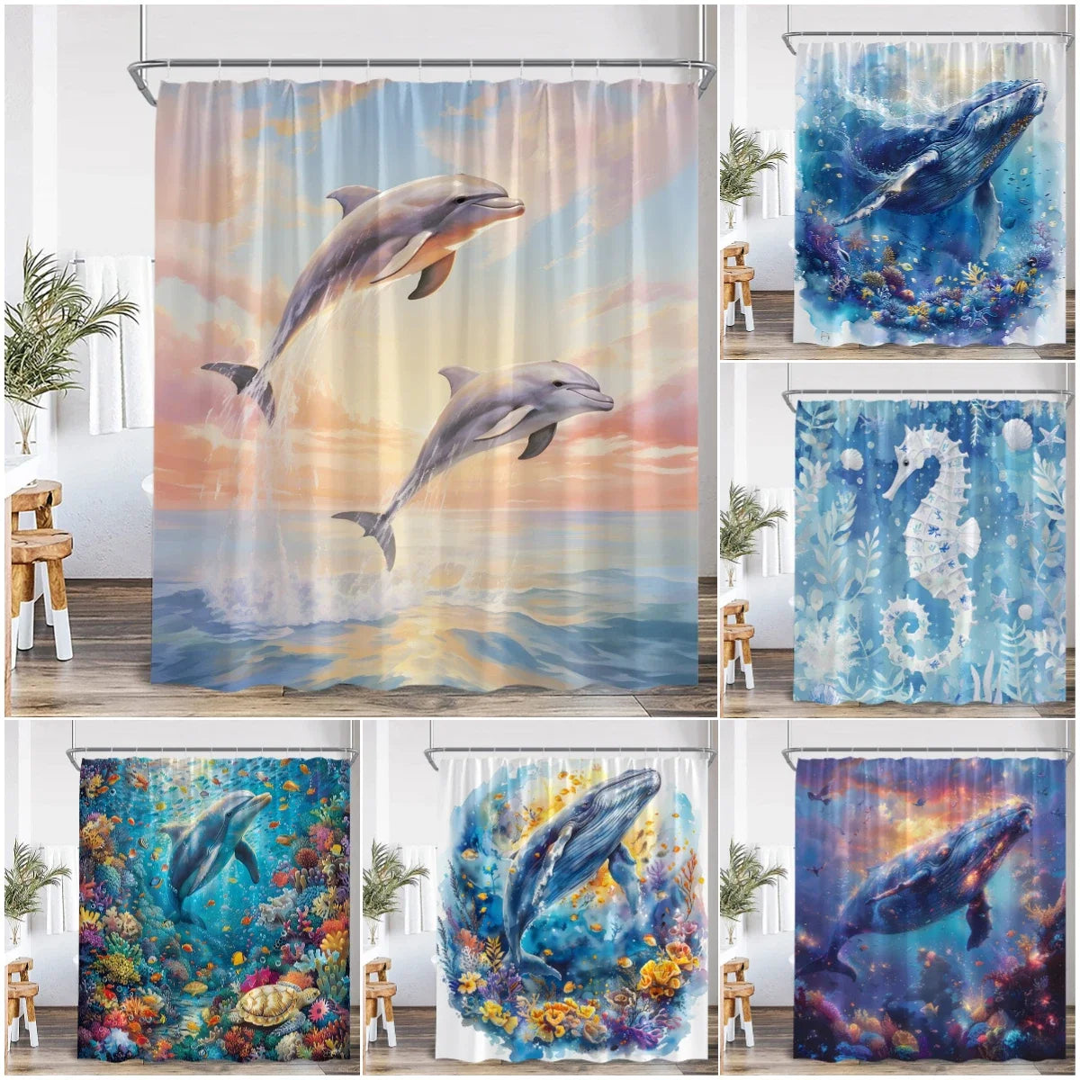 Marine Life Nature Bathroom Decor Sea Poltester Bath Curtain with Hook