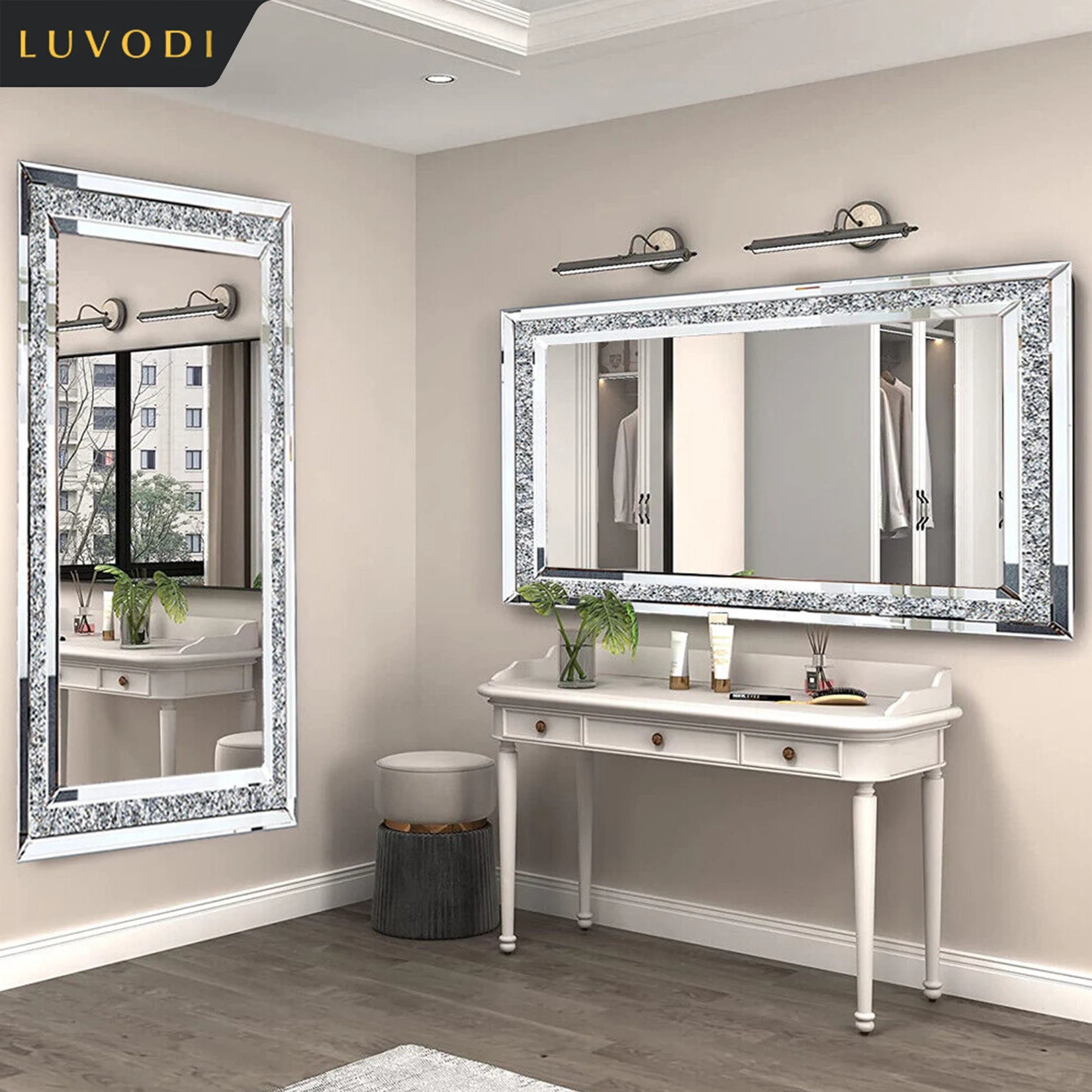 Large Silver Diamond Frameless Vanity Mirrors Wall Mounted