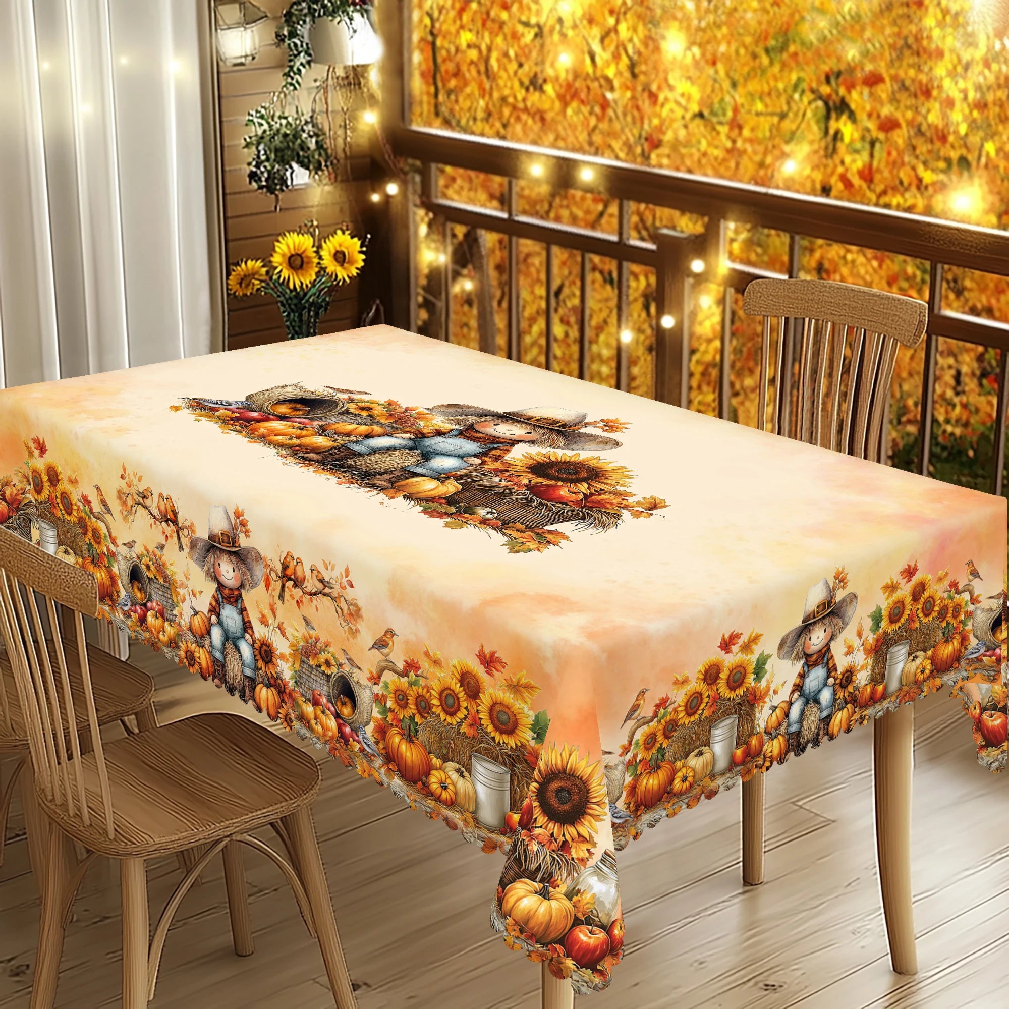 Gnizama Fall decoration autumn thanksgiving polyester rectangular round tablecloth with pumpkin, scarecrow, pattern design,