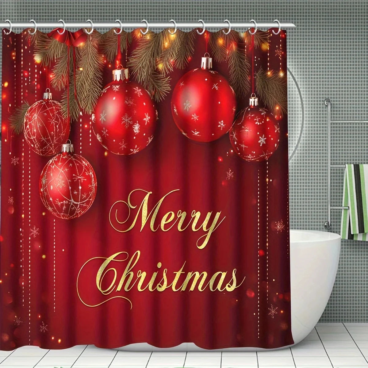 4pc Merry Christmas shower curtain set: 12 hook