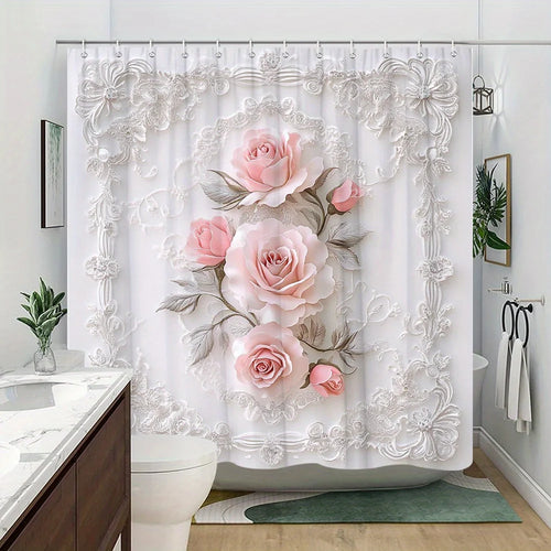 1 Elegant Pink Rose Shower Curtain with Silver Leaves and Lace Pattern