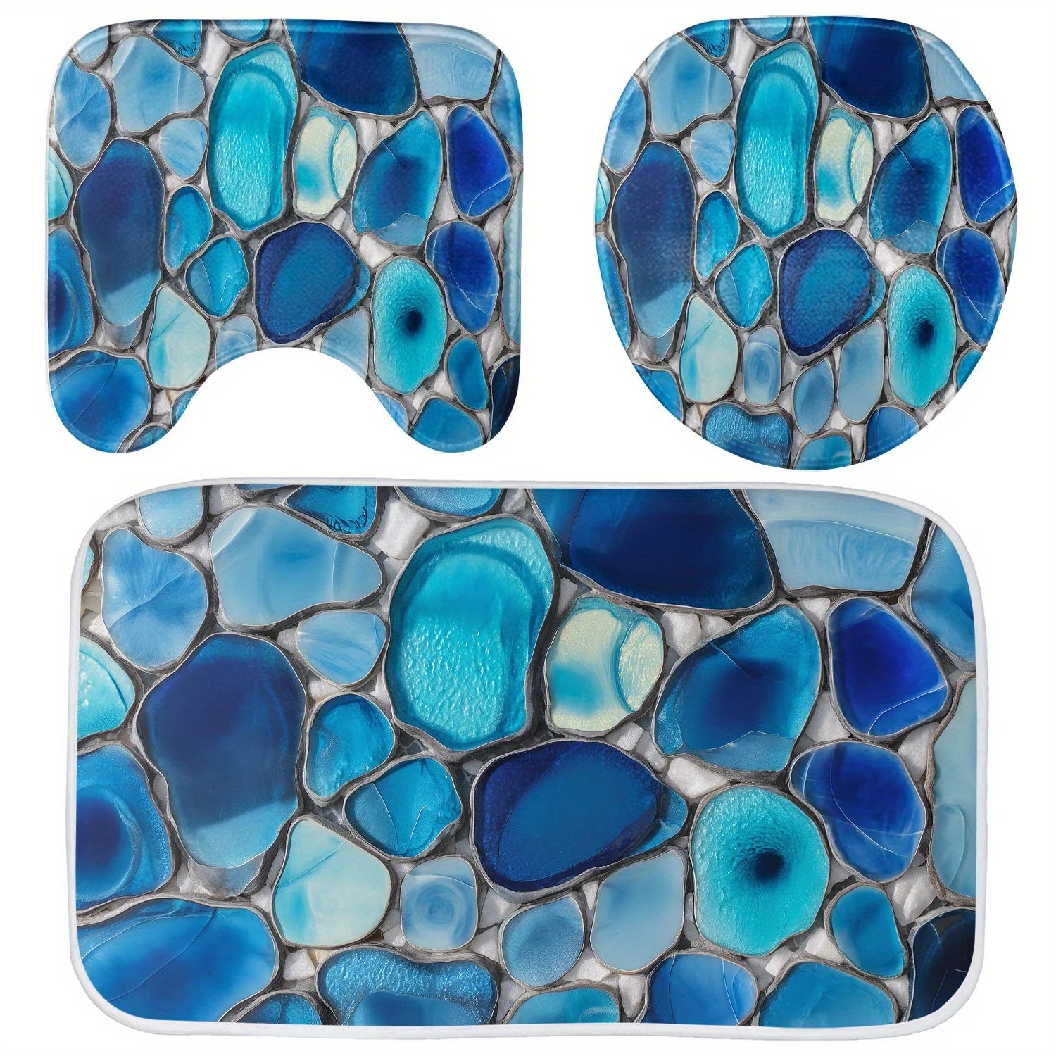 Bathroom Anti-Slip Mat Set - 3pcs Kit with Bluesy Irregular Glass Stone Pattern 2D Design, Digital Print - Includes Non-Slip Mat
