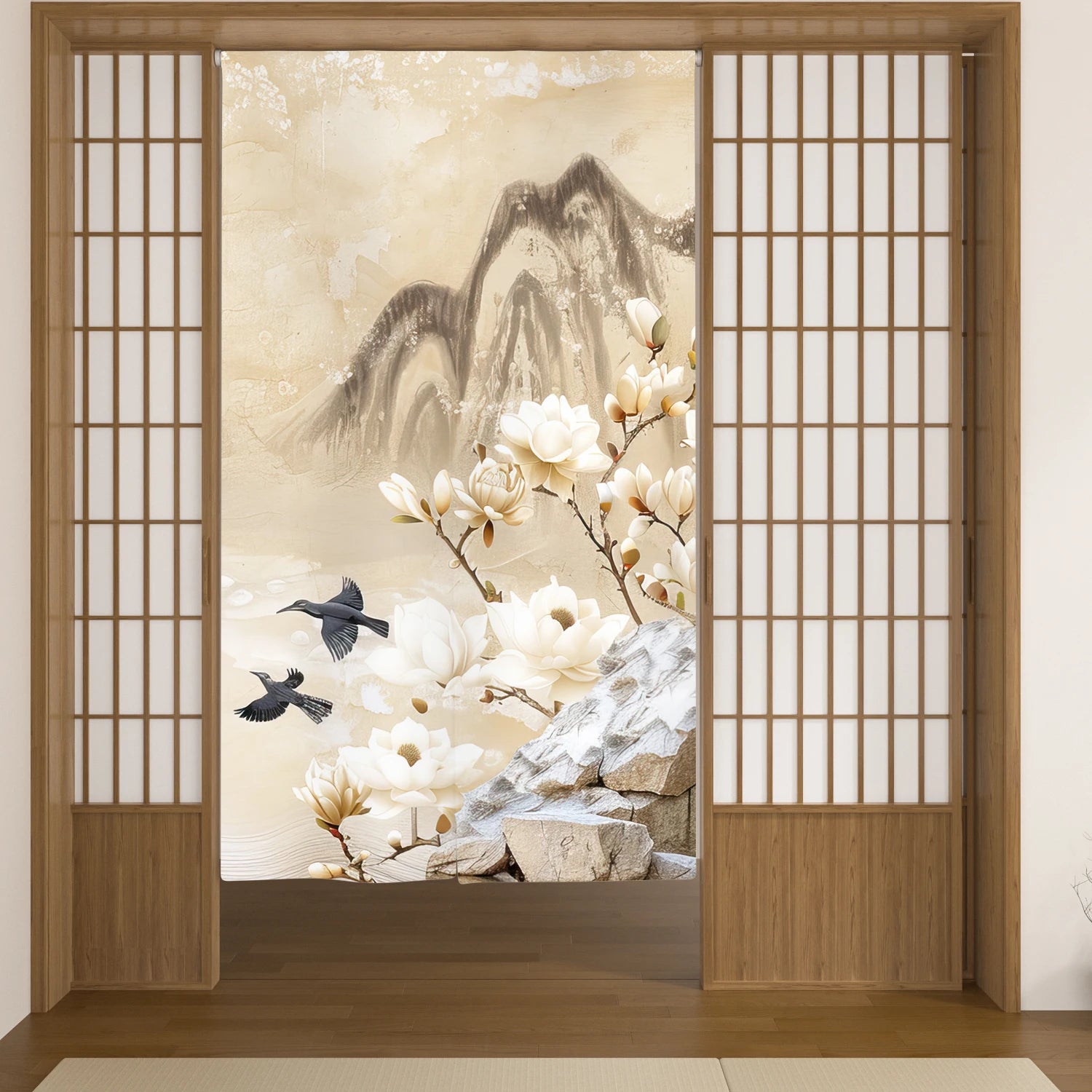 Japanese Linen Doorway Curtain Home Flower Bird