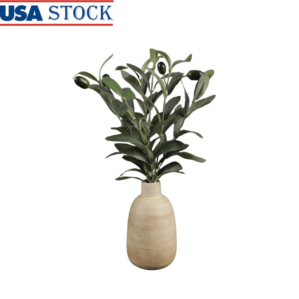 15 Inch Artificial Olive Potted Plant in Wood Finish Vase