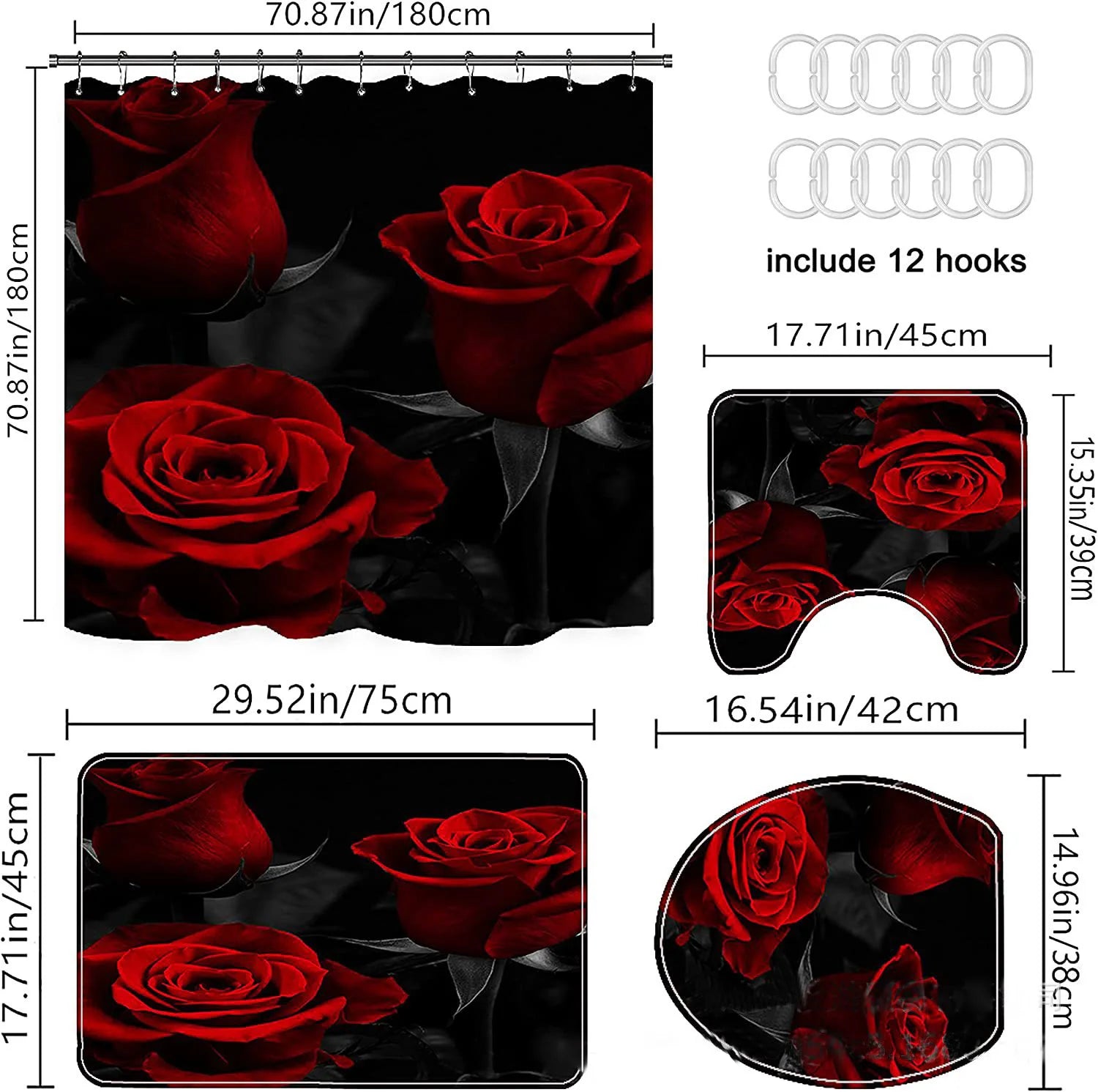 1 Set Waterproof Shower Curtain Romantic Valentine's Day Heart Rose Bathroom Curtain