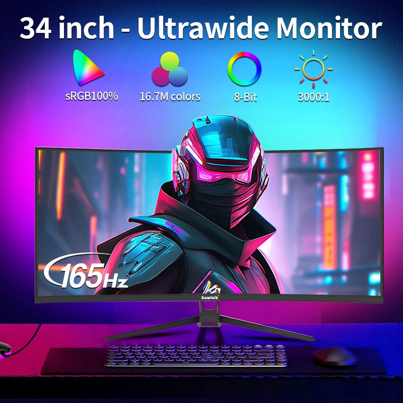 34 Inch Ultrawide Curved Gaming Monitor, 1500R PC Screen 165hz UWQHD 4K, Curved Computer Screen with Free Sync