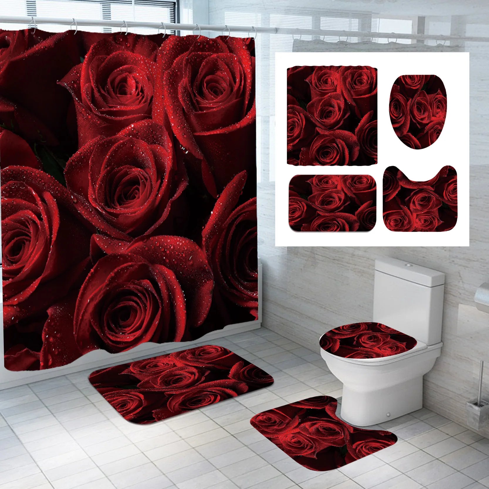 1 Set Waterproof Shower Curtain Romantic Valentine's Day Heart Rose Bathroom Curtain
