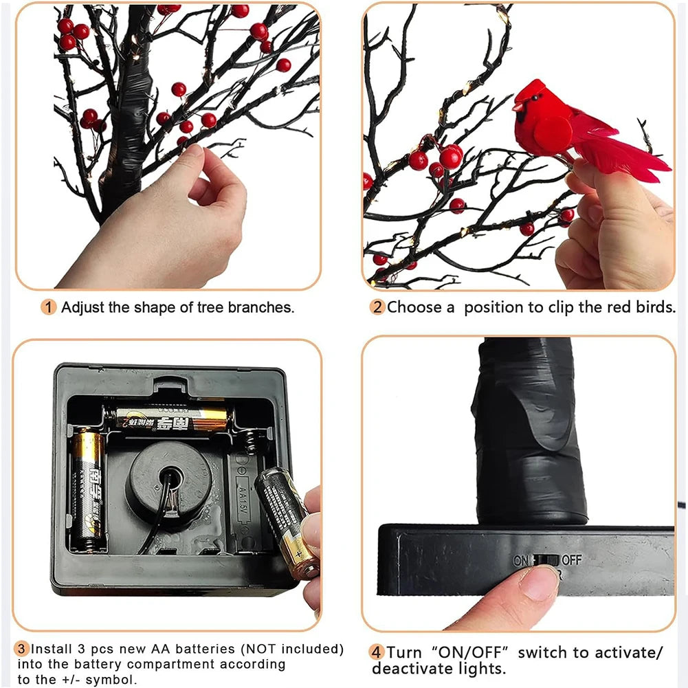 Mini Tree Light Lighted Tree with Red Bird & Berries