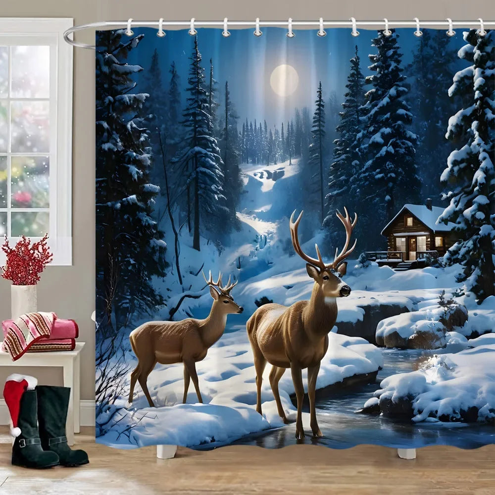 Winter Snow Forest Deer Shower Curtain Christmas Nature