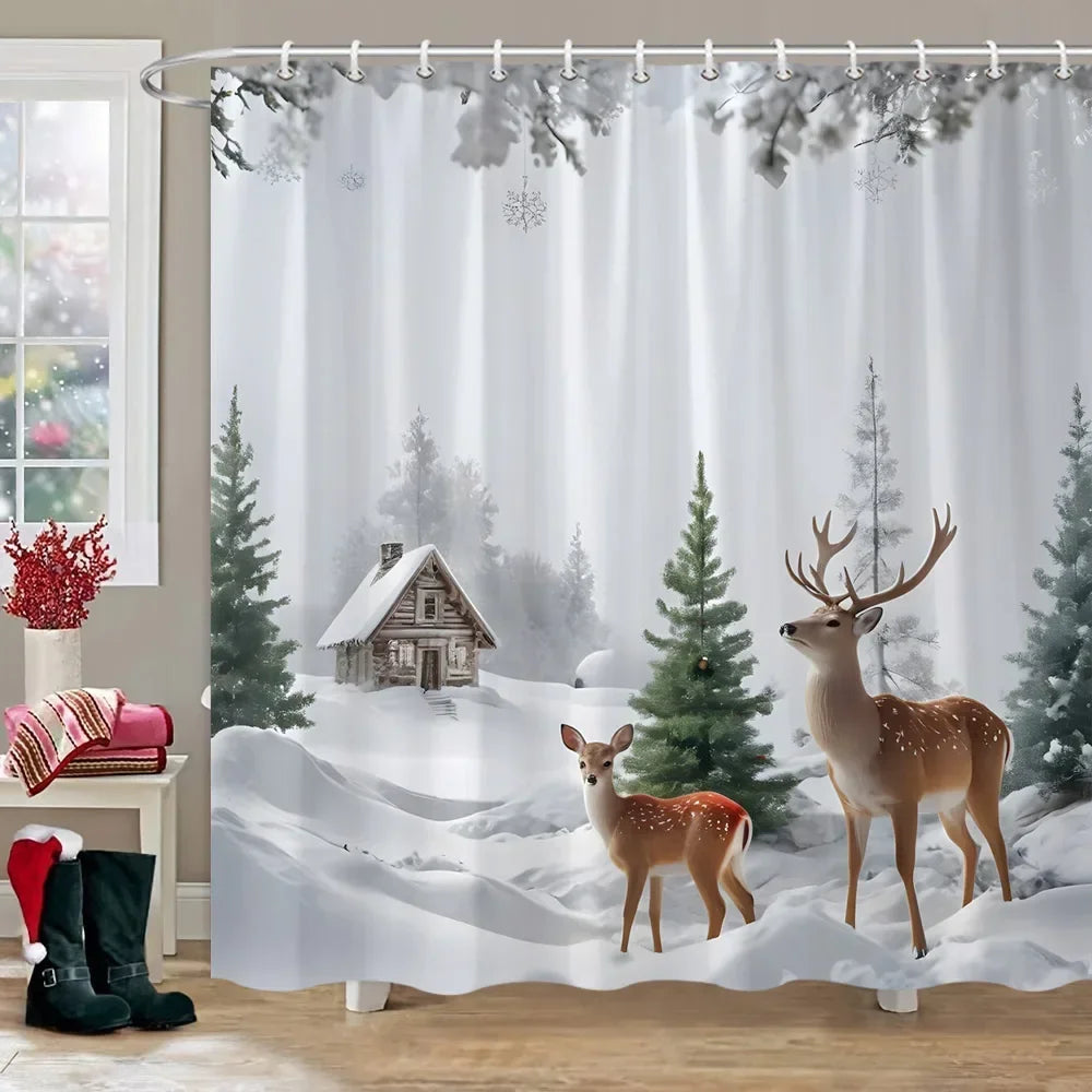 Winter Snow Forest Deer Shower Curtain Christmas Nature