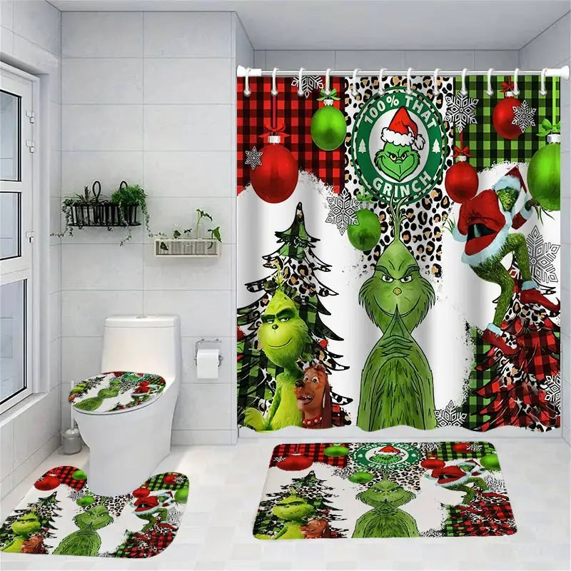 Merry Christmas Cartoon Shower Curtain  Witch Bath Sets Waterproof