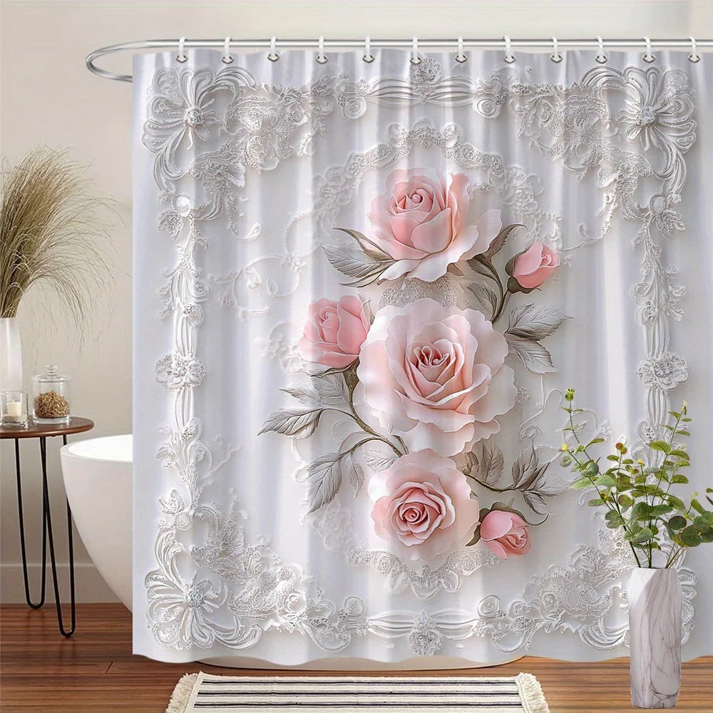 1 Elegant Pink Rose Shower Curtain with Silver Leaves and Lace Pattern