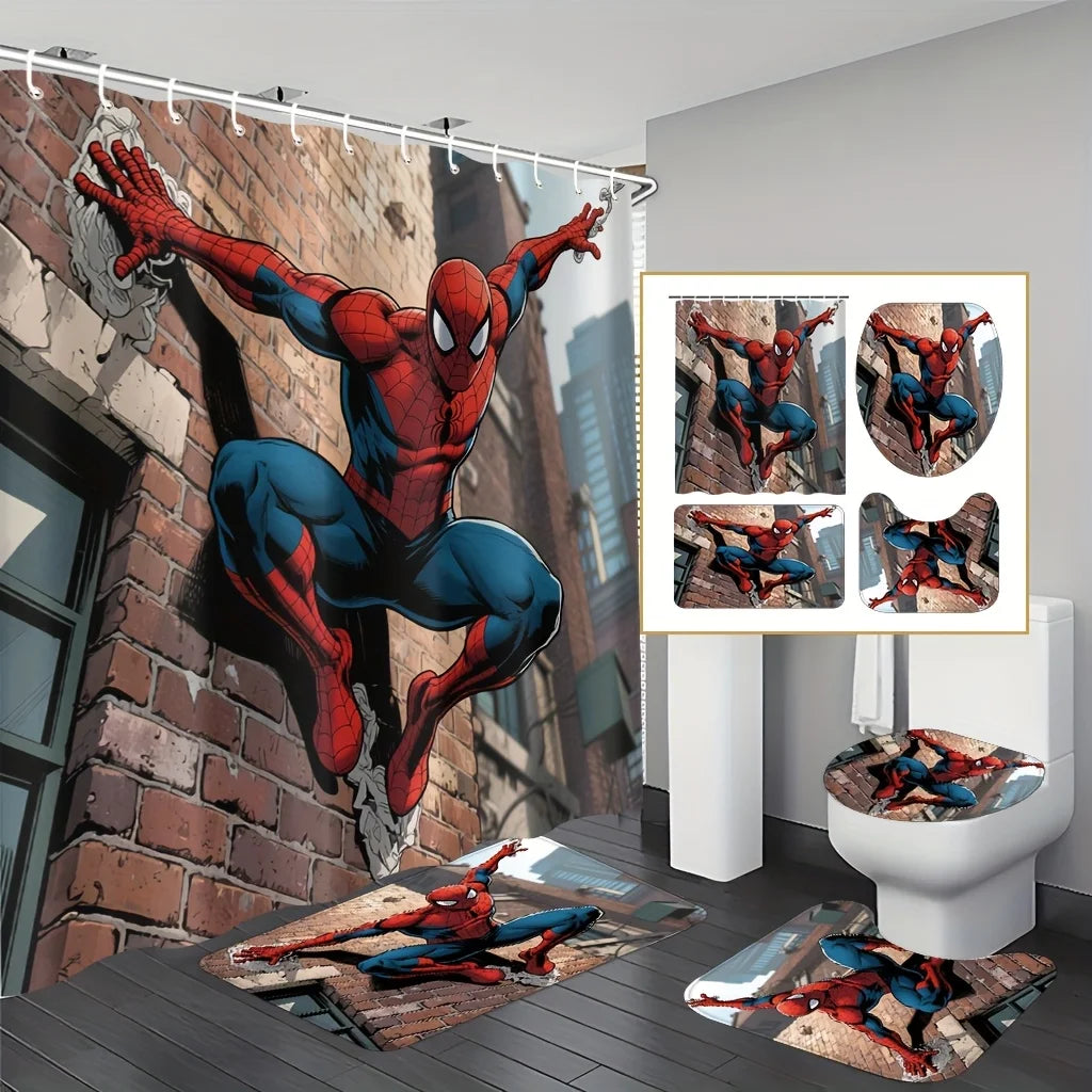 Marvel 1/4pcs Spiderman Cartoon Pattern Decoration Set Includes Shower Curtain, Non-Slip Bathroom Rug, Toilet U-Shaped Mat