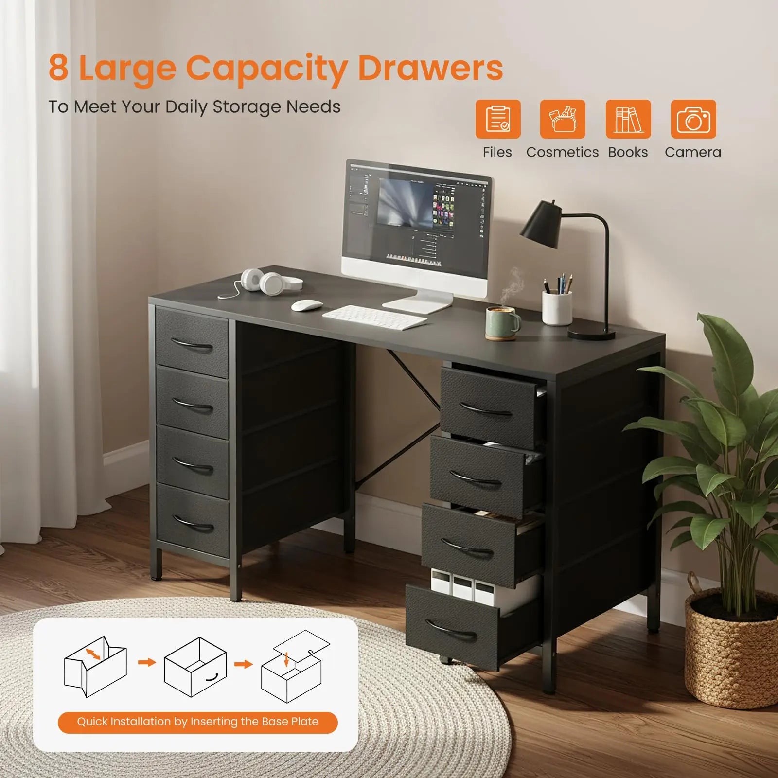 47 Inch Computer Desk with 8 Fabric Drawers