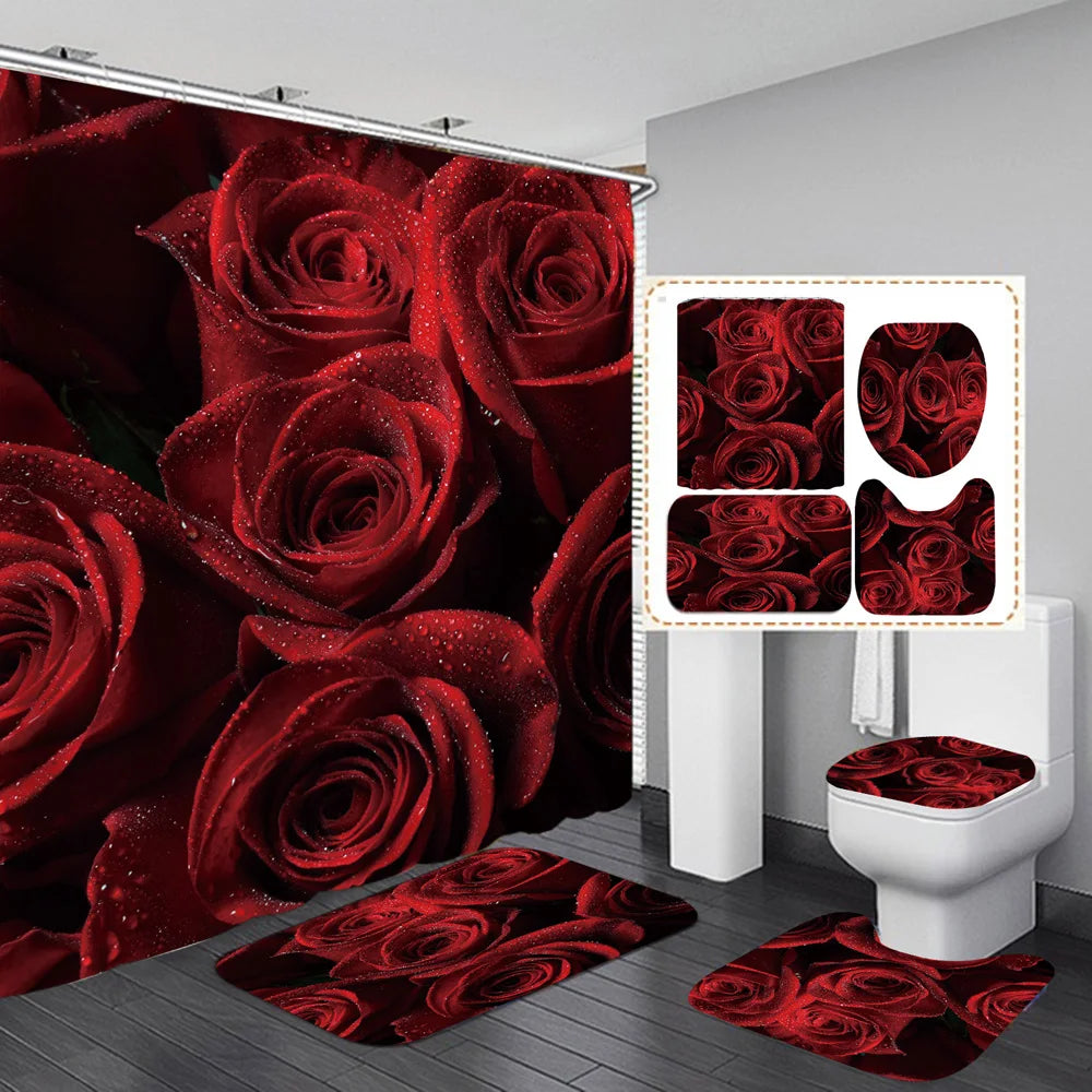 1 Set Waterproof Shower Curtain Romantic Valentine's Day Heart Rose Bathroom Curtain