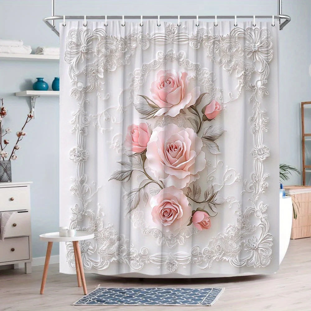 1 Elegant Pink Rose Shower Curtain with Silver Leaves and Lace Pattern