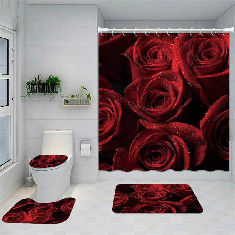 1 Set Waterproof Shower Curtain Romantic Valentine's Day Heart Rose Bathroom Curtain