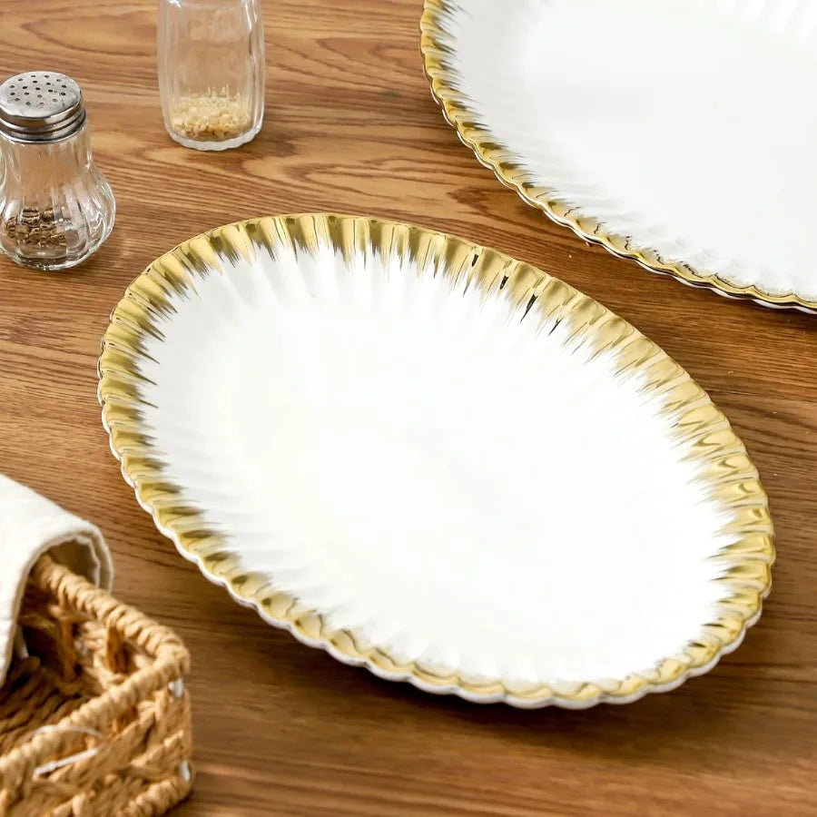 Ceramic Oval Serving Platters 12 Inch Porcelain White Dinner Plates with Gold Trim