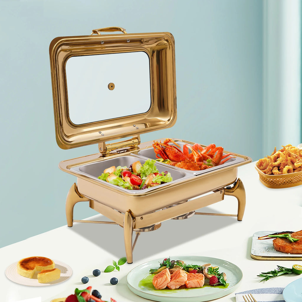 9L Gold Rectangle Dual Compartment Chafing Dish Buffet Set