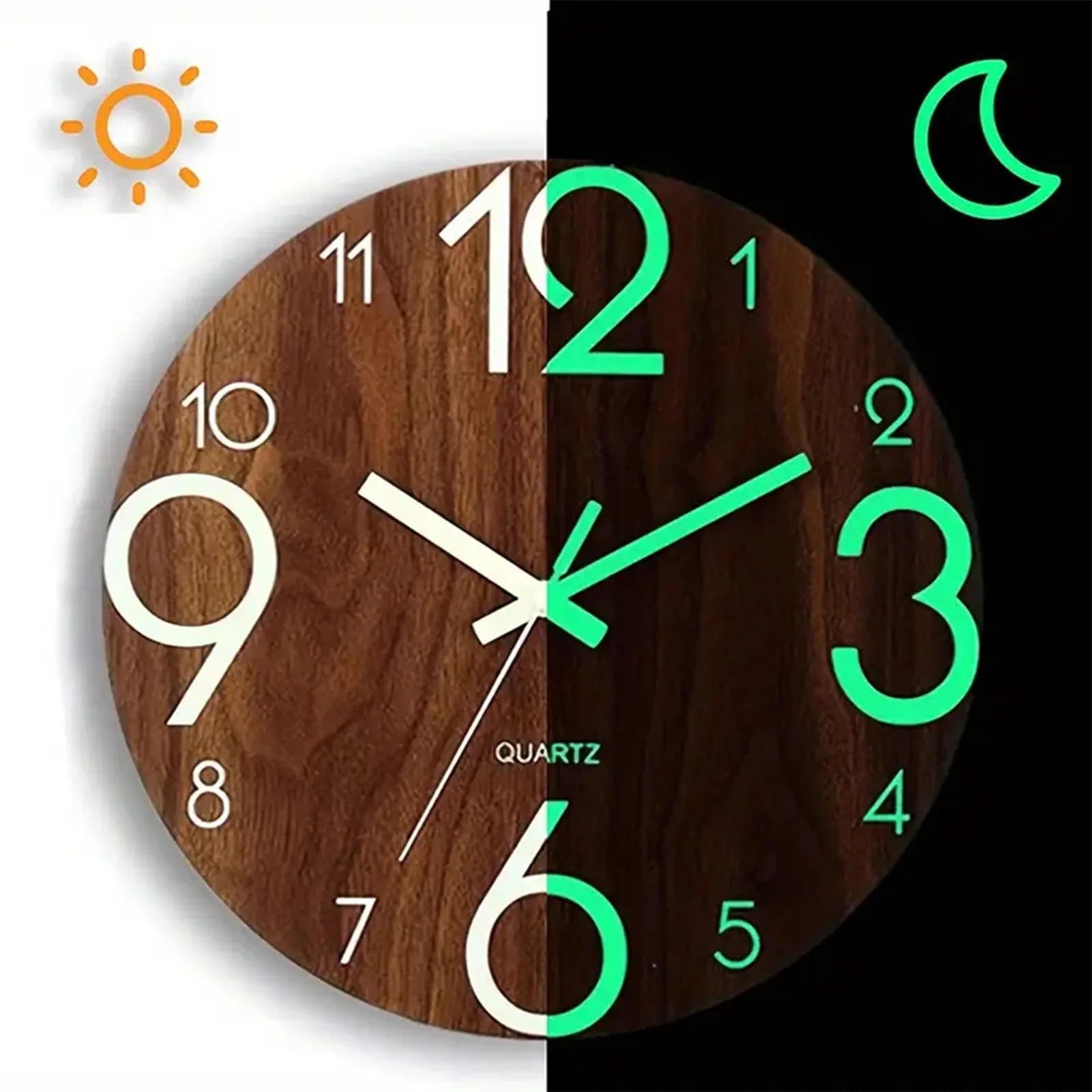 12 Inch Wooden Simple Luminous Wall Clock Silent Non Ticking
