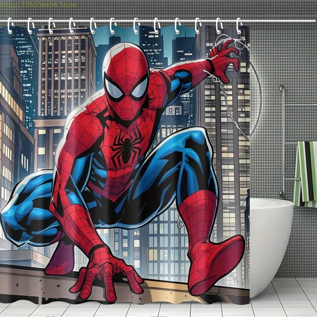 Marvel 1/4pcs Spiderman Cartoon Pattern Decoration Set Includes Shower Curtain, Non-Slip Bathroom Rug, Toilet U-Shaped Mat