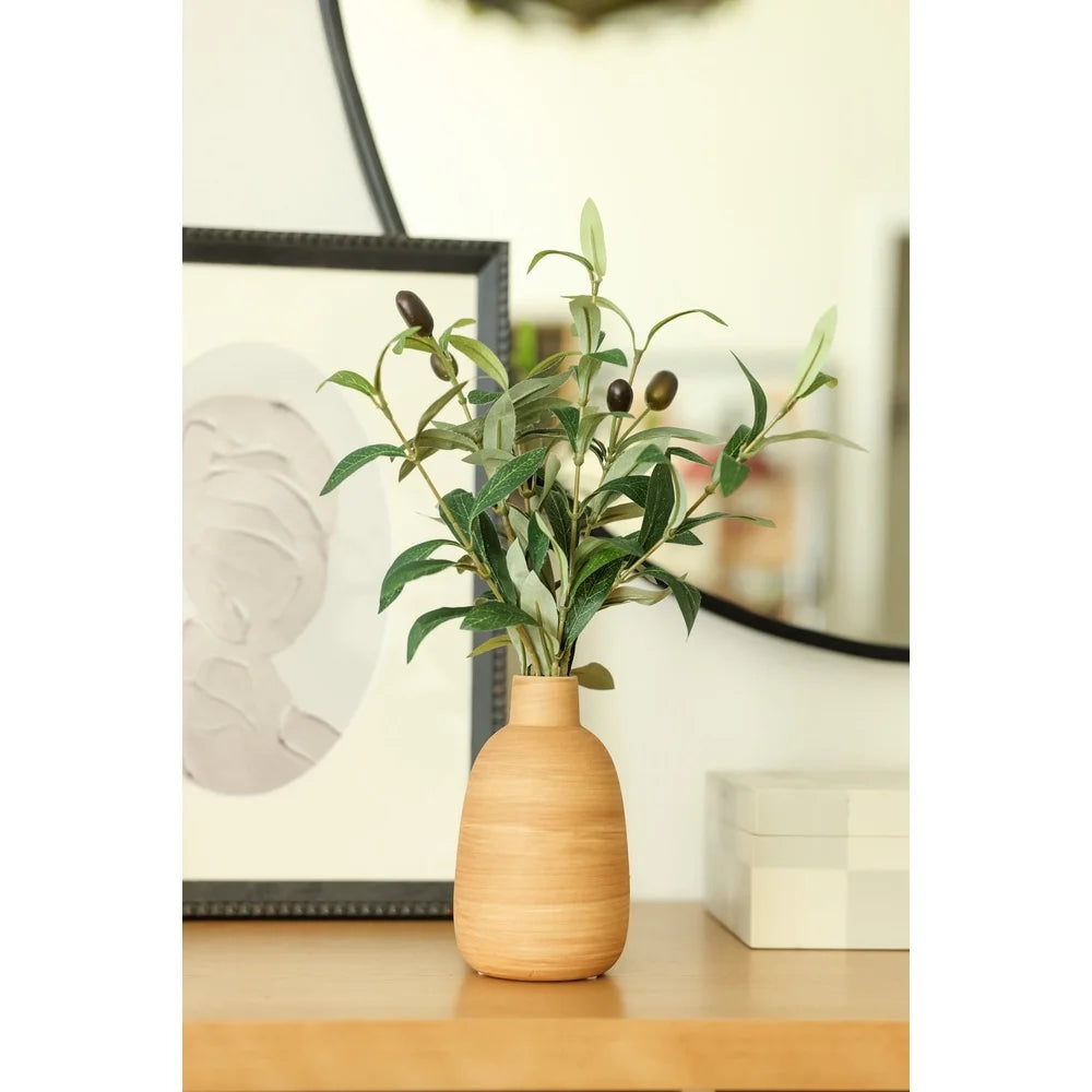 15 Inch Artificial Olive Potted Plant in Wood Finish Vase