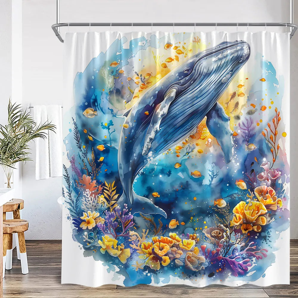 Marine Life Nature Bathroom Decor Sea Poltester Bath Curtain with Hook