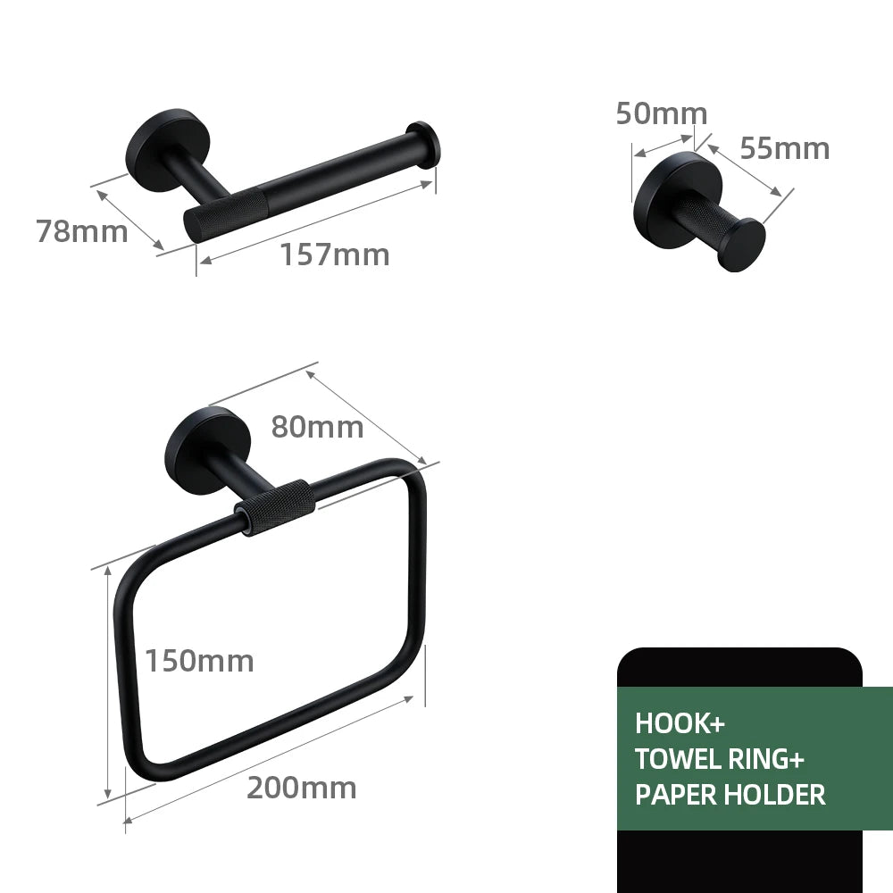 Black Bathroom Accessories Brass Knurled Kit Paper Holder Towel Rack Shelf Single Towel Holder Toilet Brush Holder Hook