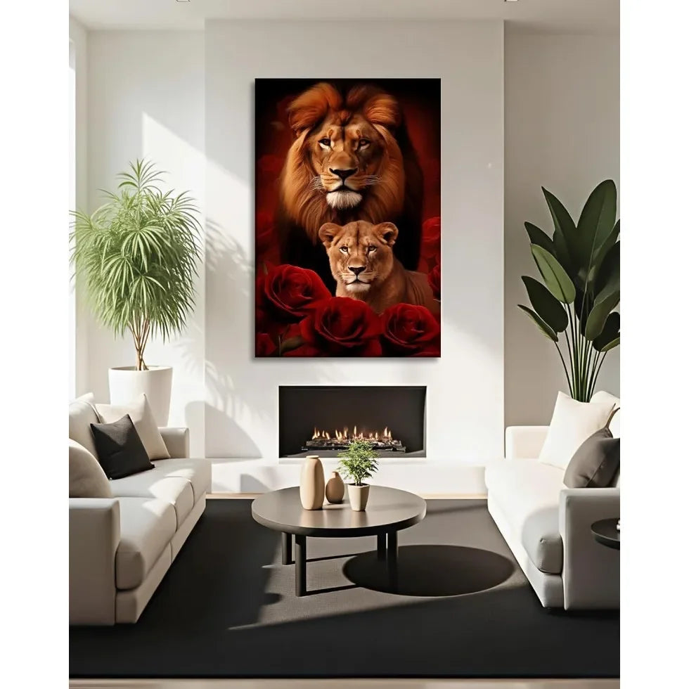 Large Lion Canvas Wall Art  Lion & Lioness with Red Rose Flower Picture